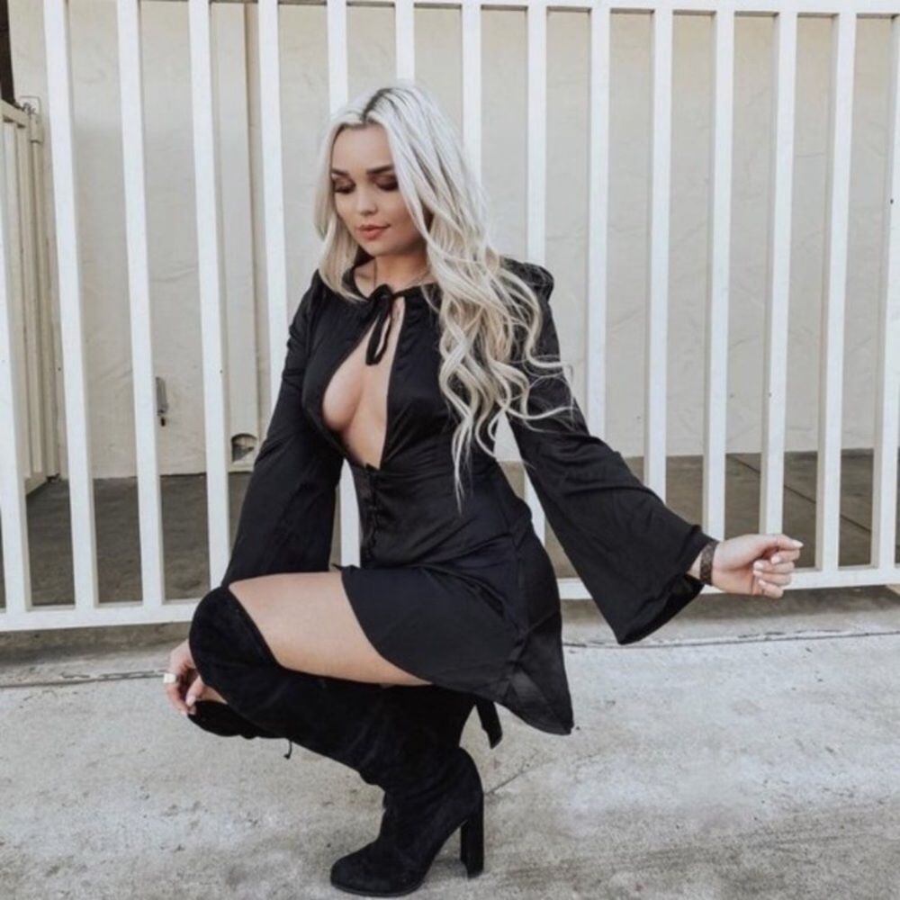 New Lioness | Black plunge chest flare sleeve button up mini dress •